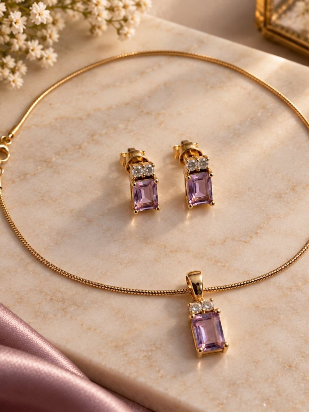 Vintage Gold-Tone Purple Emerald-Cut Gemstone & Crystal Jewelry Set
